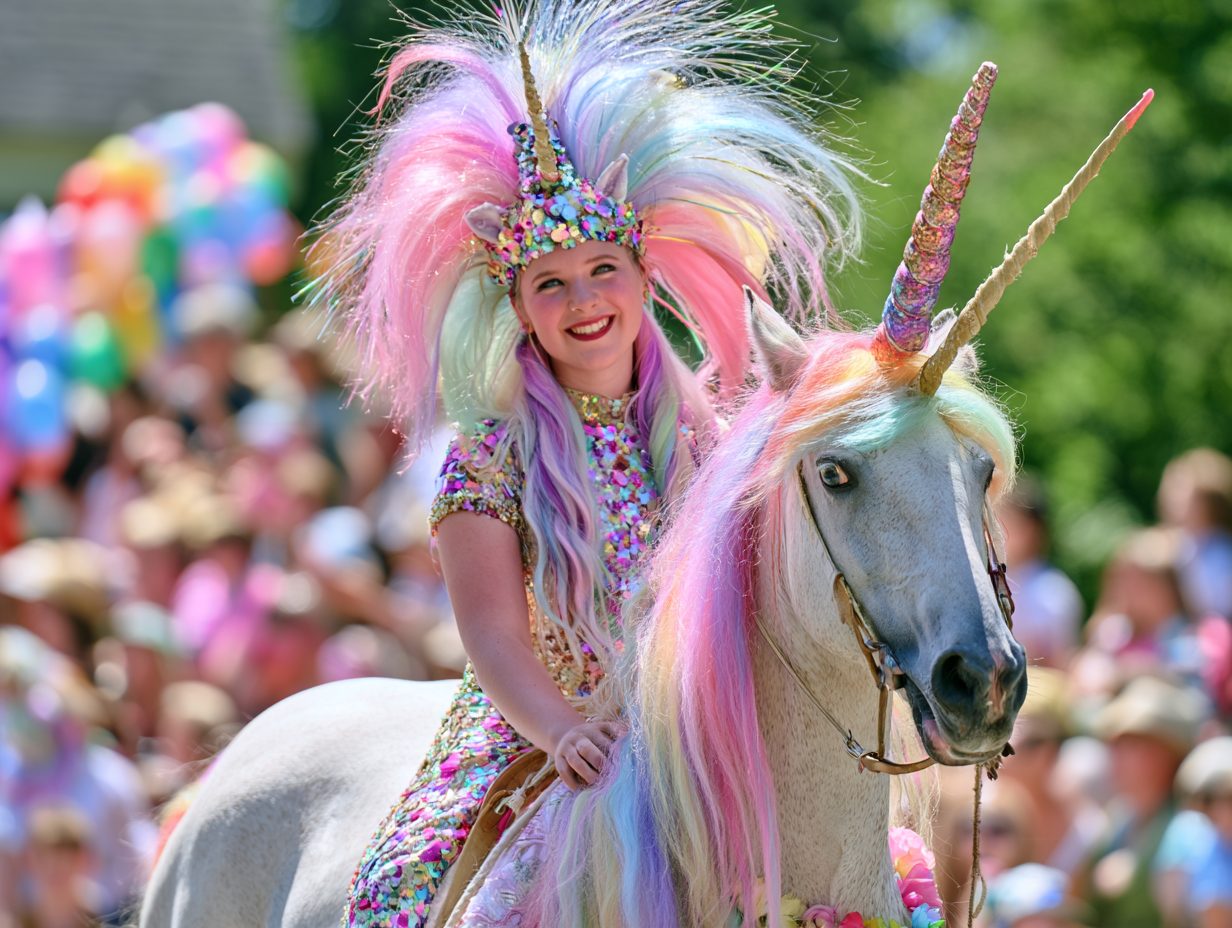The Krewe of Unicorns rainbow parade float rolling under a shower of confetti