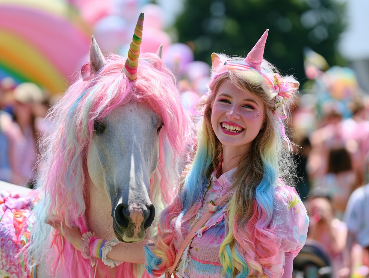 A shimmering crystal castle float topped with the Krewe of Unicorns crest