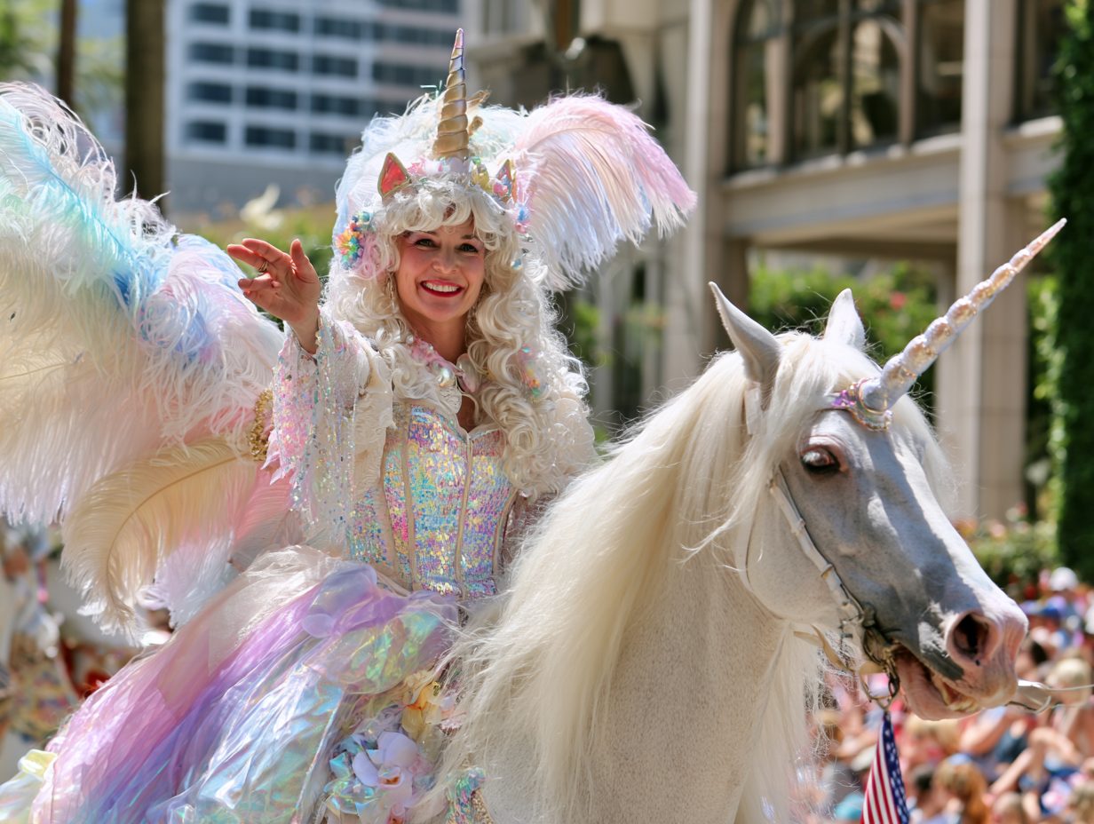 The whole Krewe of Unicorns gathered in front of the sparkling float
