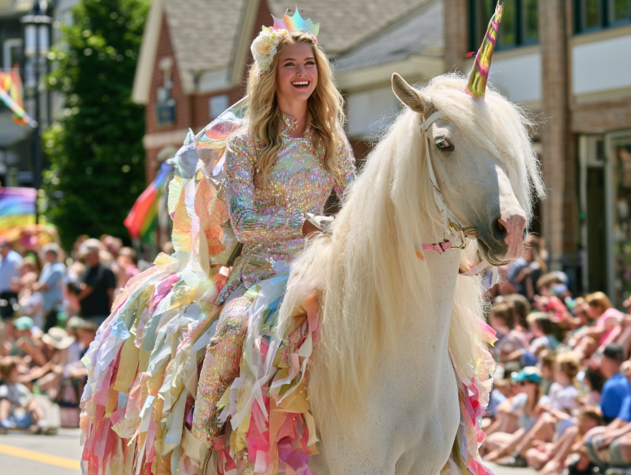 A resplendent unicorn in full finery and a plumed hat