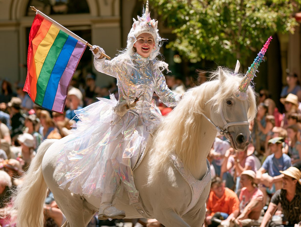 A Krewe member in a sparkling costume with a friend
