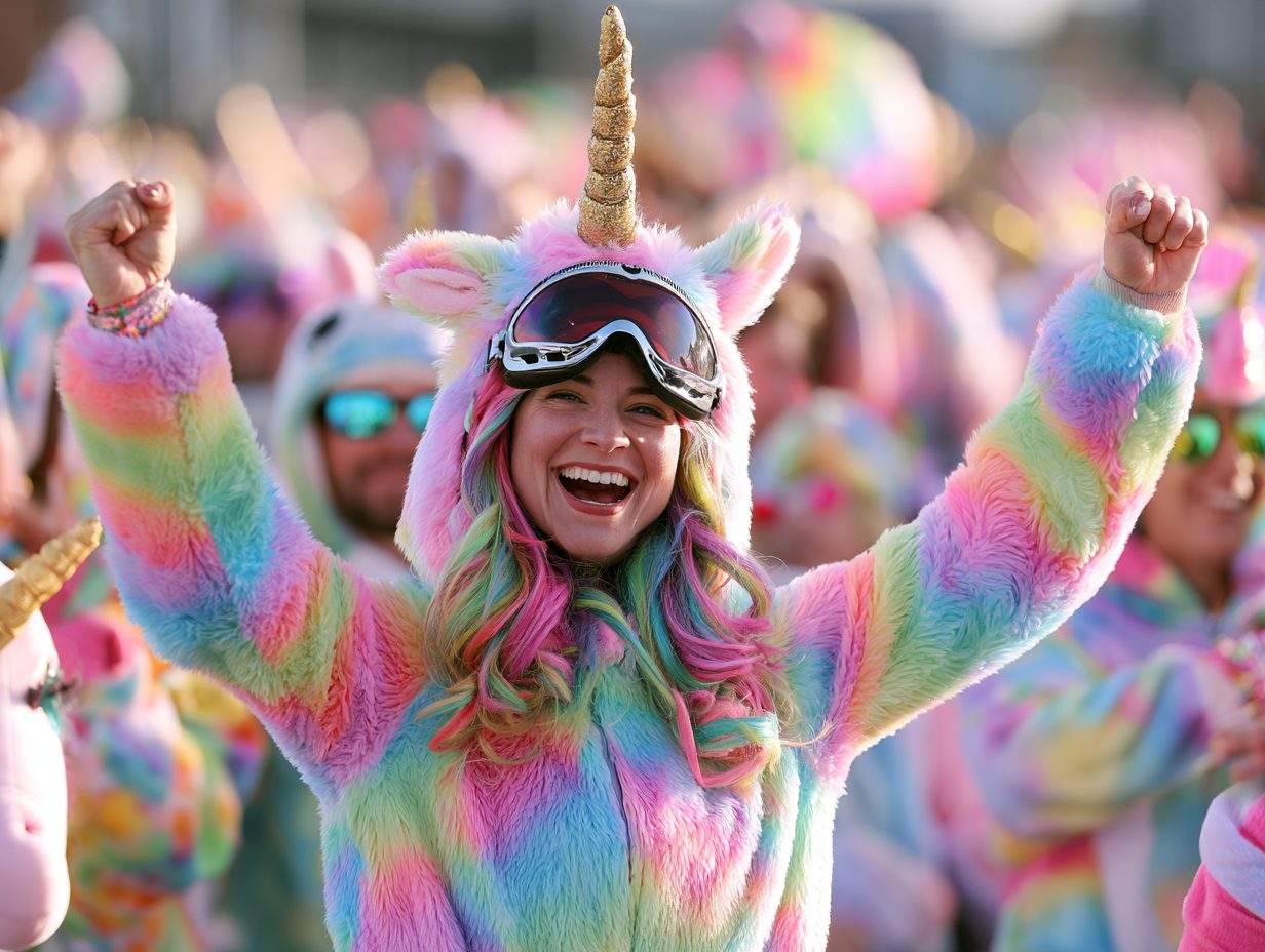 Krewe of Unicorns members cheering in rainbow costumes on the parade route