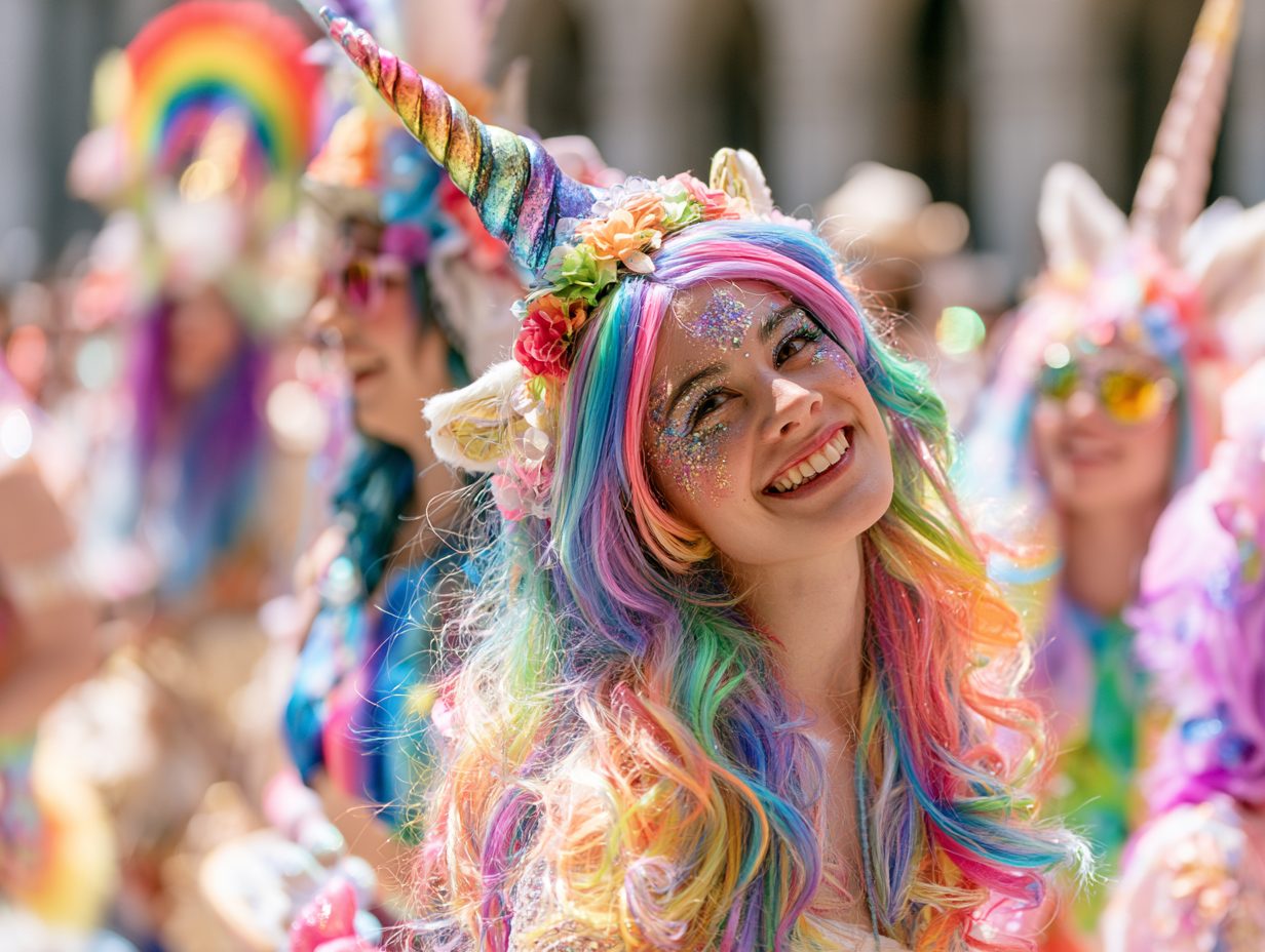 A Krewe of Unicorns member with a rainbow mane beaming on the parade route