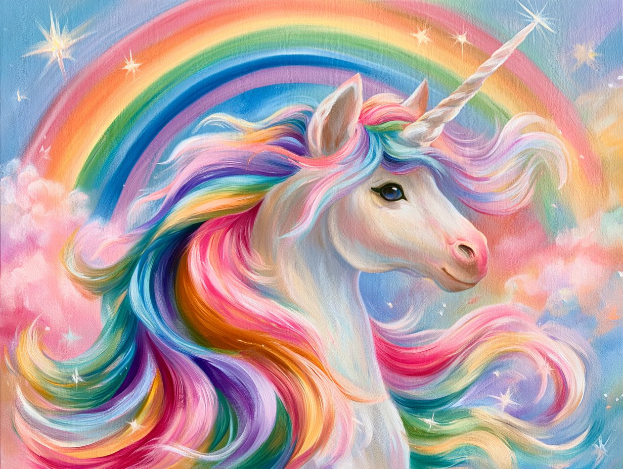 A luminous unicorn standing in a moonlit clearing, its spiral horn glowing