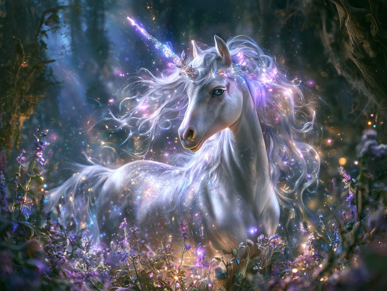 A radiant unicorn among other mythical creatures in a starlit glade